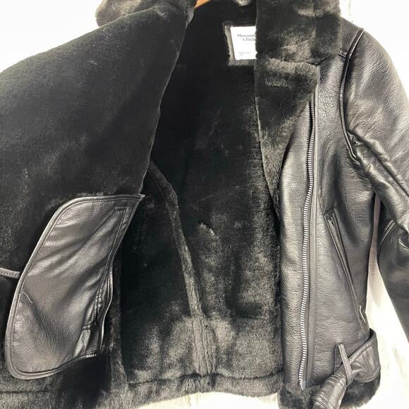 Abercrombie & Fitch Faux Fur Moto Jacket Black Vegan Leather Small - Picture 9 of 10